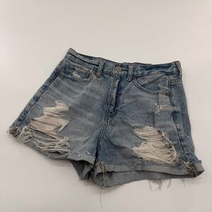 American Eagle High Rise Mom Shorts Blue Stressed Denim